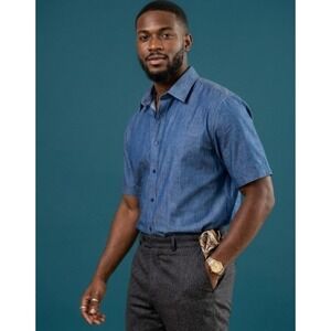 Richfresh Men's Blue Chambray Short Sleeve Shirt XL Designer Royal Trending no42